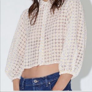 Zara Organza White Blouse Baloon Sleeves Daisy Print
